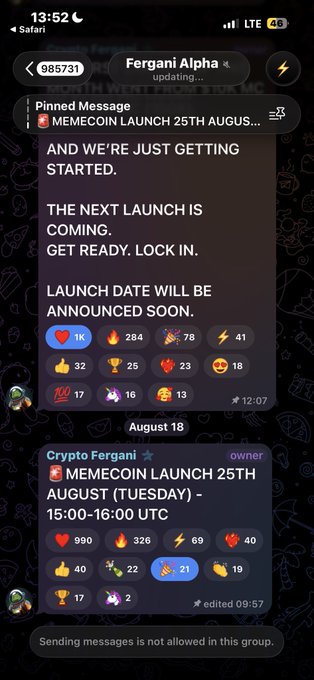 A Telegram chat screenshot from "Fergani Alpha" displaying pinned messages about a "MEMECOIN LAUNCH 25TH AUGUST" with reactions including heart, fire, and rocket emojis.