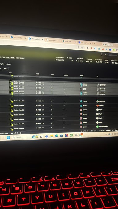 A laptop displaying a dashboard (appears to be MintDash) showing multiple CTM transactions tied to "Hoodini" wallet entries, with the red backlit keyboard glowing in the foreground—visually confirming the "Minted a couple Hoodini" claim made in the caption via the on-chain activity records.