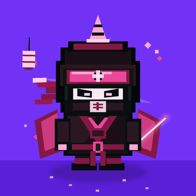 A pixel-art ninja character in black and magenta with a drill on its head and a pink sword, set against a purple background.