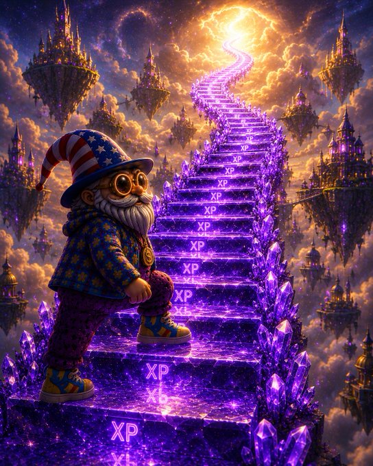 A whimsical wizard character in a star-patterned robe and patriotic top hat ascends a glowing purple staircase marked with 'XP' on each step, set against a celestial sky with floating castles.