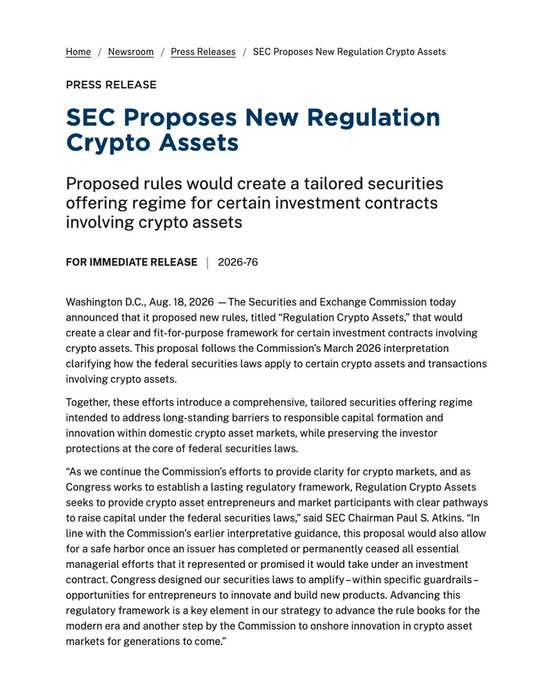 The image shows an SEC press release titled "SEC Proposes New Regulation Crypto Assets," dated August 18, 2026, announcing proposed rules to create a tailored securities offering framework for investment contracts involving crypto assets, featuring a quote from SEC Chairman Paul S. Atkins. The caption aligns with the post's description of the SEC's first tailored capital-raising framework for crypto under federal securities law, including new offering exemptions.