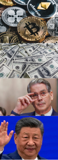 This image displays a pile of US dollar bills and various cryptocurrencies like Bitcoin and Ethereum, alongside portraits of Jerome Powell and Xi Jinping, hinting at the global money supply discussed in the post. The juxtaposition of traditional currency, digital assets, and world leaders suggests a commentary on financial systems and their management.