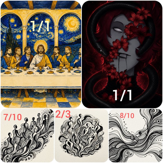 A collection of images with overlay text: '1/1' on a Van Gogh-style Last Supper painting and a dark serpent-and-flowers illustration, plus '7/10', '2/3', and '8/10' on three abstract black-and-white swirling artworks.