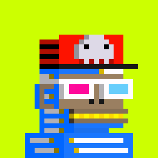 A pixel-art image of a character in red and blue with 3D glasses is set against a bright green background. The image humorously illustrates the post's message, suggesting that the buyer is only interested in the visual art of the NFT, viewing it through "art-tinted" glasses rather than valuing its utility or investment potential.