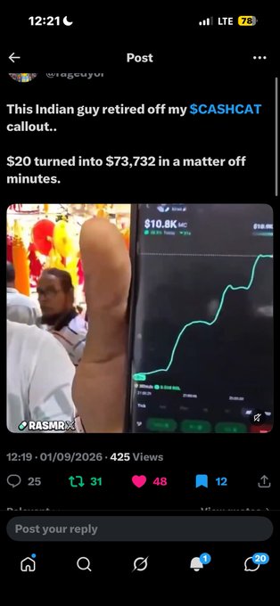 A social media post celebrates an Indian man's retirement after turning $20 into $73,732 via a stock callout, with a photo showing a $10.8K MC stock chart.