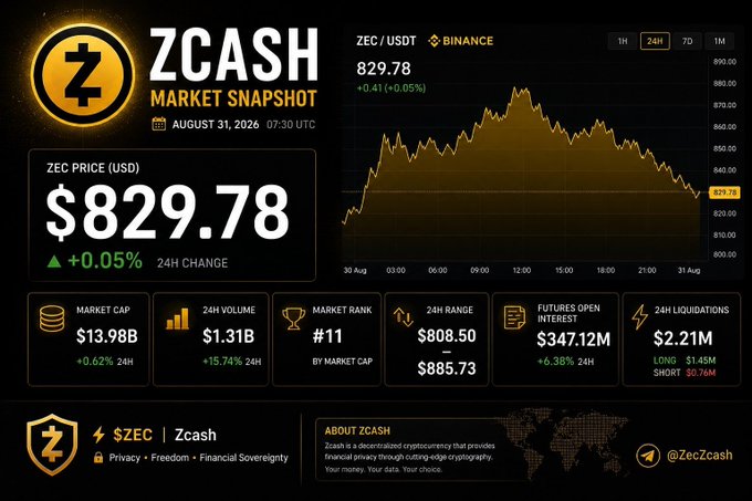 A cryptocurrency market snapshot for ZCASH showing a current price of $829.78 (+0.05%), with a market cap of $13.98B, 24H volume of $1.31B, market rank #11, and a price chart for ZEC/USDT on Binance.