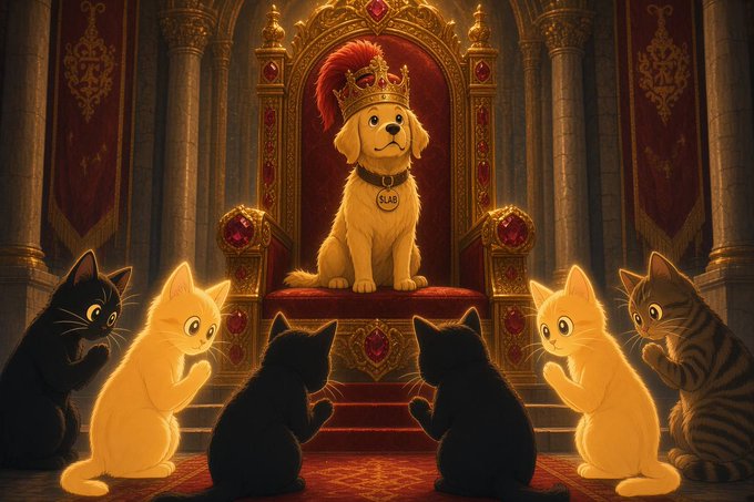 A digital illustration depicts a golden retriever wearing a crown and a 'SLAB' tag sitting on an ornate red throne, surrounded by adoring cats in a grand hall.