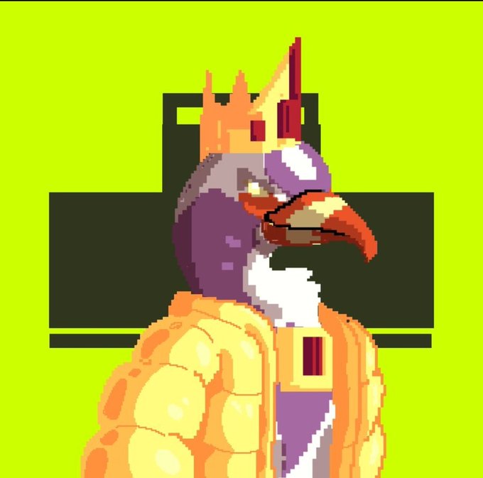 Pixel art illustration of a purple penguin-like character with a large orange beak, wearing a yellow jacket and sporting an orange mohawk, set against a bright green background with a black plus-sign shape.