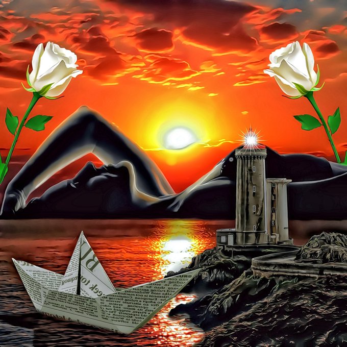 The image features a sunset over a body of water with two white roses on either side, one at each corner. The sun is setting behind mountains, creating an orange sky that contrasts with the blue water below. In the foreground, there's a paper boat floating in the water. The text "Magic Night" appears to be part of the image description or caption, but it doesn't provide any additional information about the content of the post.