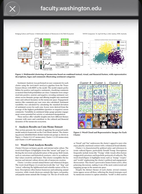 A research paper from the University of Washington (published in ACM/WWW Companion '25) titled "Bridging Culture and Finance: A Multimodal Analysis of Memecoins in the Web3 Ecosystem" featuring Figure 2, which displays word clouds and representative images for three memecoin clusters (Cluster 0, Cluster 1, and Cluster 2) with key descriptive terms like "world," "internet," "celebrity," "cat," "Pepe," and "Trump" — illustrating how different thematic clusters of memecoins relate to cultural and political sentiment, supporting the post's discussion of what factors drive memecoin success.