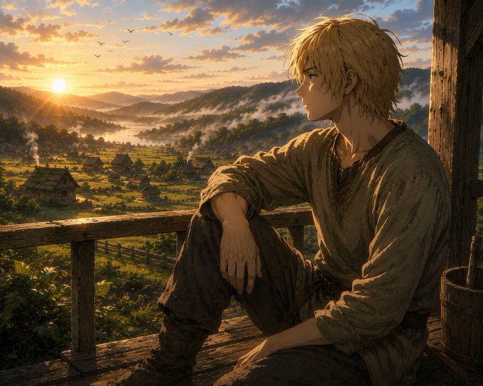 Anime-style illustration of a blonde young man in rustic clothing sitting on a wooden porch, gazing out over a misty valley village at golden sunset with smoke rising from cottages and birds in the sky.