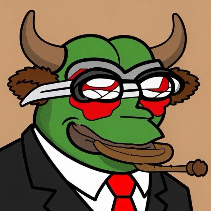 A cartoonish green bull with horns, wearing glasses, a suit, and a red tie, is shown smoking a cigar with red, bloodshot eyes. The aggressive, business-attired bull visually represents the "Bull mode" sentiment, symbolizing an intense, confident bullish stance in the market.