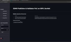 The image shows a dark-themed interface with the title "SDNY Publisher & Validator PoC on XRPL DevNet," indicating a proof-of-concept demo for the Southern District of New York publisher and validator on the XRP Ledger DevNet, which relates to the post about BIS (likely referring to BIS-related) testing an XRPL deep dive.