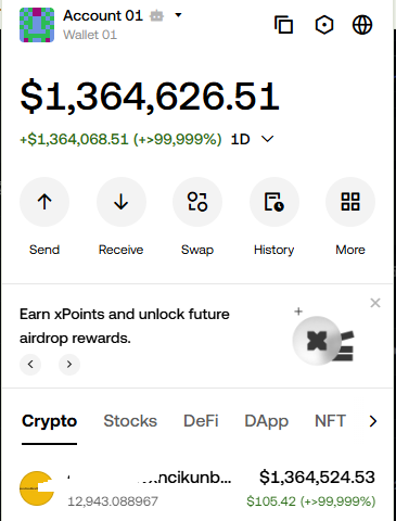 A screenshot of a crypto wallet displaying an account balance of '$1,364,626.51' with a +99.999% gain, showing options for Send, Receive, Swap, History, and a top holding for a token called 'ncikunb'.