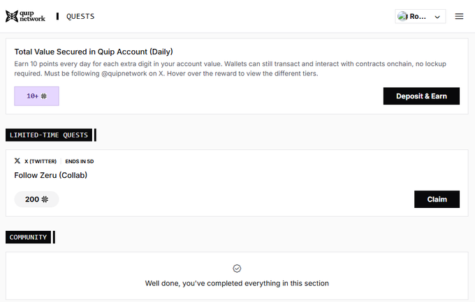 A Quip Network quests page showing a 'Total Value Secured in Quip Account (Daily)' task and a limited-time quest to 'Follow Zeru (Collab)' for 200 points.