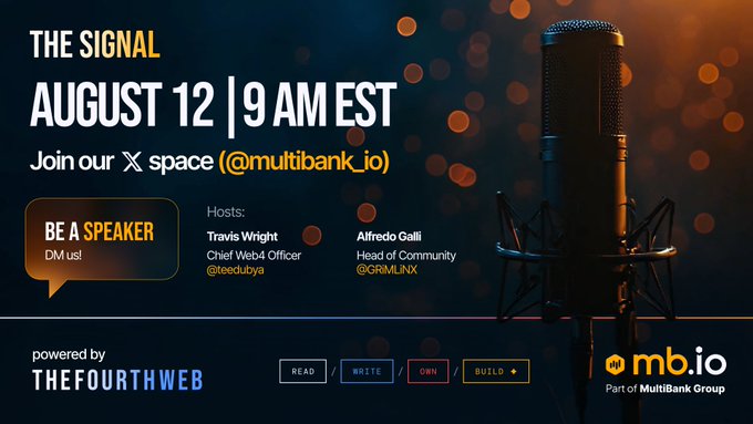 The image promotes "The Signal" Twitter Space event on August 12 at 9 AM EST, hosted by Travis Wright (@feeditduba) and Alfredo Galli (@GRMLNX) for @multibank_io, featuring a microphone against a bokeh background to visually convey the audio/podcast nature of the discussion. The post teases a special guest and a breakdown of crypto market movements, aligning with the event's purpose as an accessible crypto conversation.
