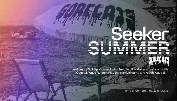 A promotional graphic for 'Seeker Summer' by GORECATS featuring a beach scene with a boat, an umbrella, and a chair, listing Quest 1 'Suit Up: Connect with Seed Vault Wallet and make a profile' and Quest 2 'Wave Runner: Play the survival game and reach Wave 15', with a website link STORE.SOLANAMOBILE.COM.