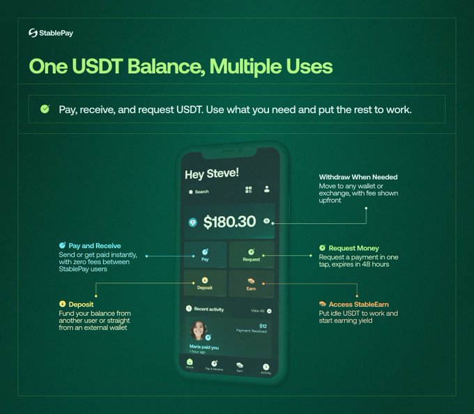 A StablePay promotional graphic titled 'One USDT Balance, Multiple Uses' displaying a mobile app interface showing a $180.30 balance with features for Pay/Receive, Deposit, Earn, Request Money, and Withdraw.