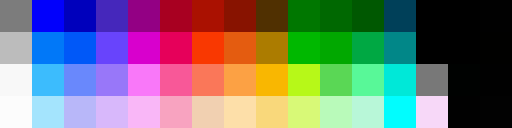 A color palette/swatch chart displaying a grid of various colors including blues, purples, reds, oranges, yellows, greens, and grayscale tones.