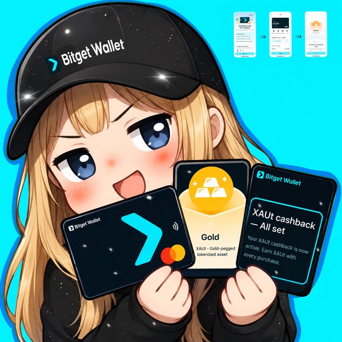 An anime-style illustration depicts a blonde girl wearing a black 'Bitget Wallet' cap, holding a Bitget credit card, a Gold tokenized asset, and a card reading 'XAUT cashback - All set'.