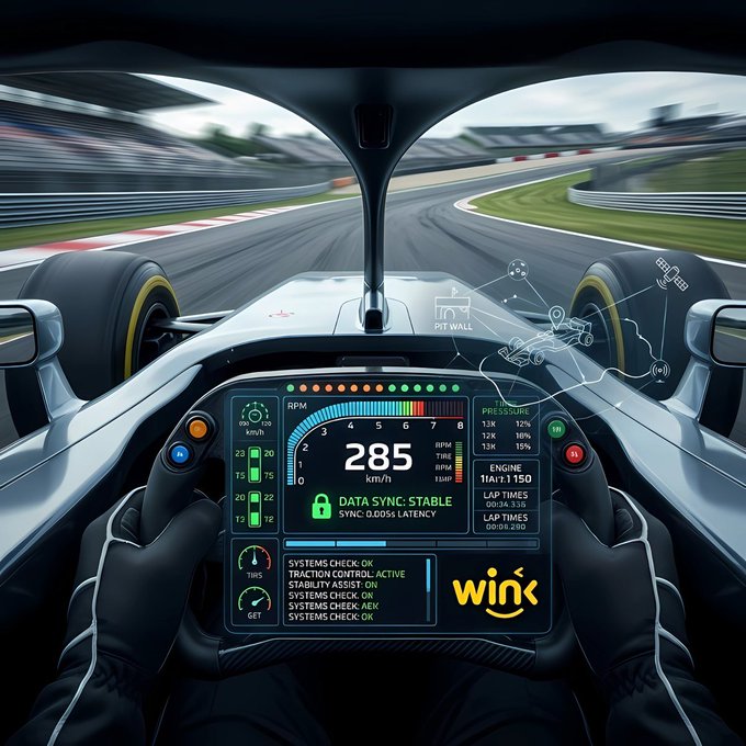 A first-person view from inside a Formula 1 race car cockpit showing a digital dashboard displaying a speed of '285 km/h', 'DATA SYNC: STABLE', and various system checks, with a track visible ahead.