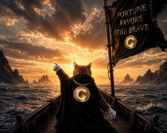 A cat wearing a chain and cloak stands at the prow of a ship, pointing toward a dramatic sunset over the ocean. A black banner reads "FORTUNE FAVORS THE BRAVE," reinforcing the bold, high-stakes tone of the $CATE memecoin call.
