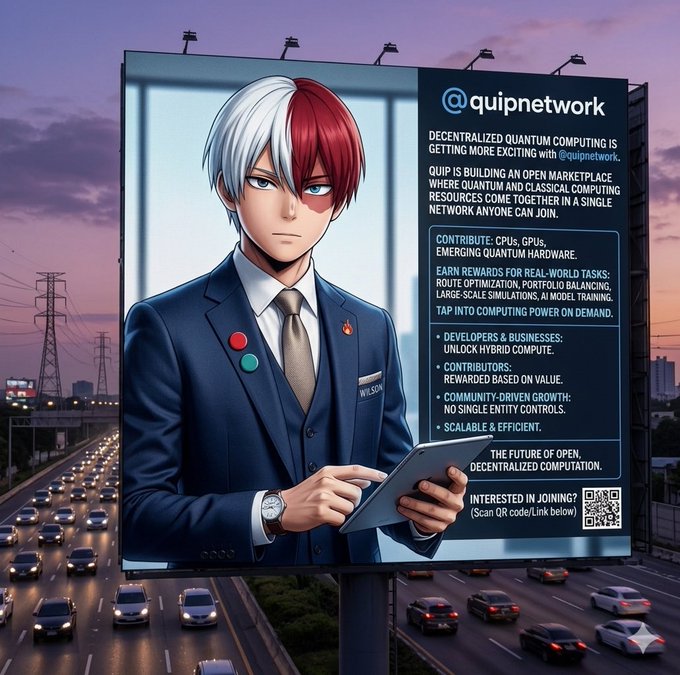 The image features a billboard with a cartoon character dressed in a suit holding a tablet computer. The text on the billboard reads "Decentralized Quantum Computing is getting more exciting with @quipnetwork Quip is building an open marketplace where quantum and classical computing resources come together in a single network anyone can join". This advertisement showcases the concept of decentralization, where multiple users contribute to a shared resource pool for computing tasks.

The billboard is located on a busy street filled with cars, indicating that it's situated in a bustling urban area. The presence of numerous vehicles and people suggests that this location is likely near a popular destination or transportation hub.