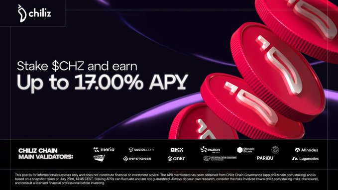 Chiliz promotional image offering up to 17.00% APY for staking $CHZ tokens on Chiliz Chain, featuring pink CHZ coins and a list of main validators (Meria, socios.com, OKX, Exaton, Mercado Bitcoin, Paribu, Altnodes, Infstones, Ankr, Luganodes), which aligns with the post inviting users to join the team securing The Sports Blockchain via Chiliz Chain Governance staking.