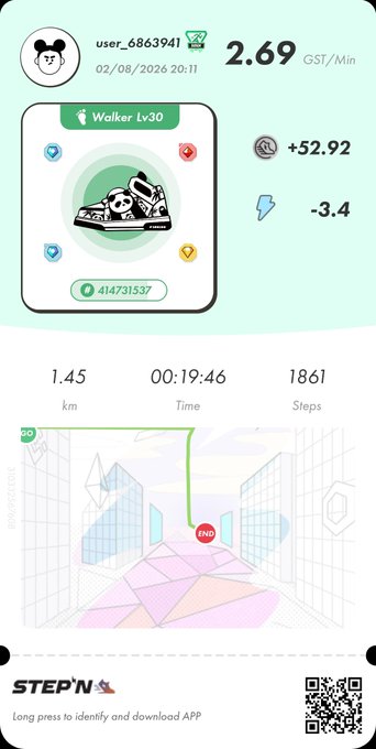 STEP'N fitness app screenshot showing user 'user_6863941' with a Walker Lv30 sneaker NFT, earning 2.69 GST/Min, with activity stats of 1.45 km, 00:19:46 time, and 1861 steps.