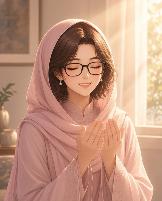 A digital illustration depicts a serene young woman with glasses wearing a pink hijab and matching traditional attire, her hands clasped in prayer as warm sunlight streams in from a window.
