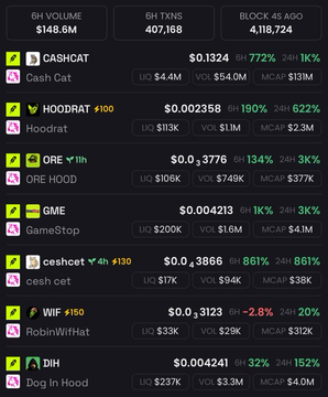 A cryptocurrency tracker dashboard showing memecoins including $CASHCAT, $HOODRAT +100, $ORE HOOD, $GME (GameStop), $cashcat +4h #130, $WIF (RobinWifHat), and $DIH (Dog In Hood), with metrics like price, liquidity, volume, and market cap.