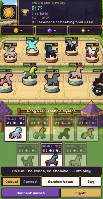 A screenshot of a mobile game showing a horse racing battle with pixel-art horses, displaying 'THIS WEEK'S PRIZE $172 (0.68 SuPEG)' and battle options including Casual, Ranked, Random team, and 8ag.