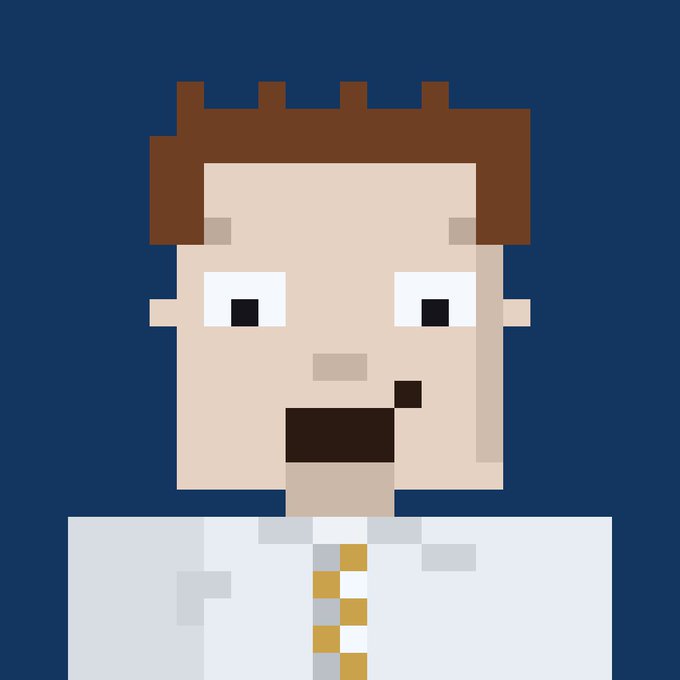 A pixel art portrait of a person with brown hair, wide eyes, and an open mouth against a dark blue background.
