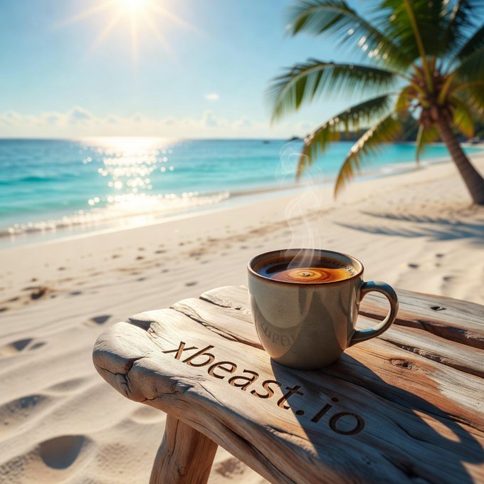 A steaming cup of coffee sits on a rustic wooden table etched with "xbeast.io," set against a sunlit tropical beach with turquoise waters and a palm tree overhead. The serene morning scene captures the essence of a relaxed "gm" moment, perfect for greeting fellow crypto enthusiasts waking up to a peaceful Wednesday.