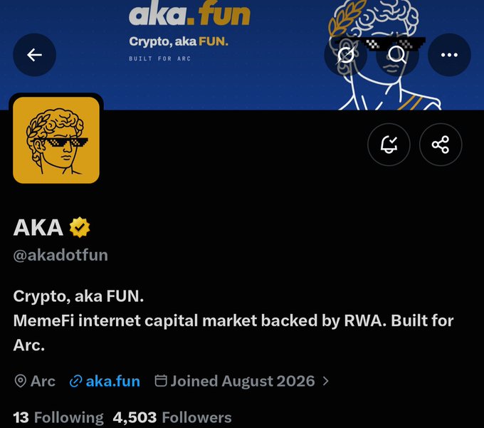 A Twitter/X profile for @akadotfun (AKA) showing 4,503 followers, joined August 2026, with the tagline "Crypto, aka FUN. MemeFi internet capital market backed by RWA. Built for Arc," matching the post's introduction of the aka.fun project combining NFTs with ERC-20 tokens on the Arc blockchain.