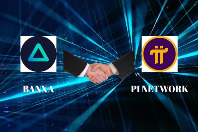 The image shows a handshake graphic between two logos: a turquoise triangle labeled "BANXA" on the left and a purple "π" symbol labeled "PI NETWORK" on the right, against a dynamic blue digital background. The image visually represents the partnership between Banxa and Pi Network referenced in the post, where Banxa had been an option for in-app Mainnet wallet creation before being replaced by the new Fast Track KYC system.