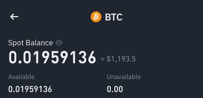 A digital wallet screen displaying a BTC spot balance of 0.01959136 (~$1,193.5), with 0.01959136 available and 0.00 unavailable. The image shows a cryptocurrency balance that appears to support the giveaway post claiming to send 0.01 BTC (~$636) to a random follower.
