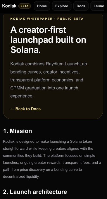 Kodiak Whitepaper (Public Beta) page describing 'A creator-first launchpad built on Solana,' combining Raydium LaunchLab bonding curves, creator incentives, transparent platform economics, and CPMM graduation.