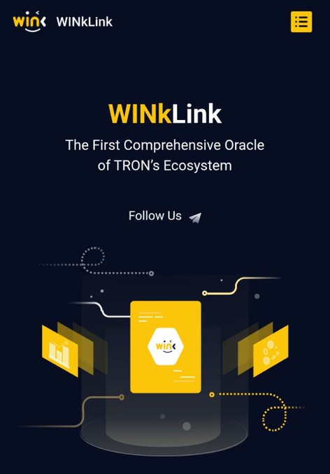 A promotional graphic for 'WINkLink' describing it as 'The First Comprehensive Oracle of TRON's Ecosystem' with an orange and yellow color scheme and illustrations of documents and charts.