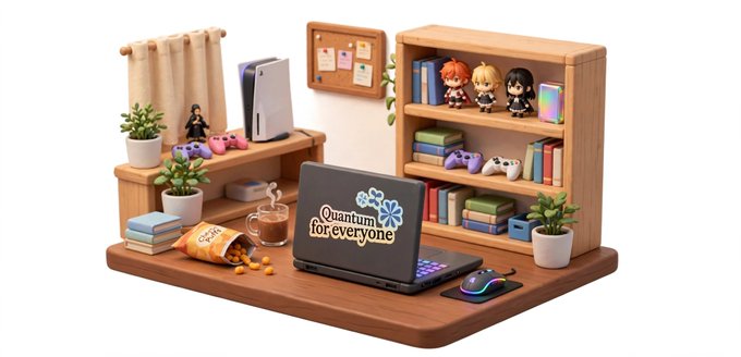 3D diorama of a gaming/tech desk setup with a laptop displaying 'Quantum for everyone,' shelves with figurines and game controllers, a console, potted plants, and snacks.