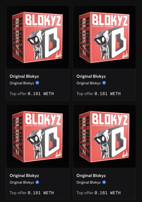An NFT marketplace listing showing four "Original Blokyz" collectible items, each with a top offer of 0.161 WETH.