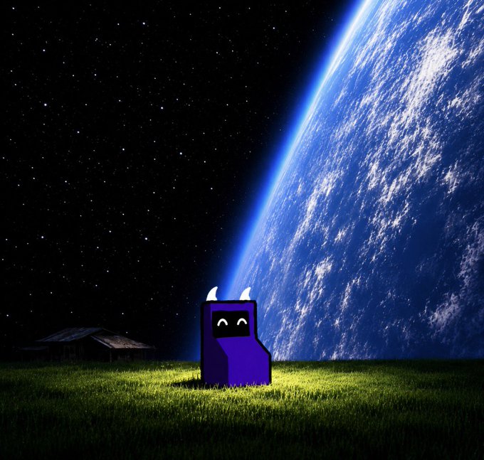 A small, horned, purple machine-like figure stands alone on a grassy field beneath a massive planet and a starry sky, evoking a sense of cosmic insignience. The whimsical yet eerie scene ties into the post's theme, suggesting the machines are quietly watching and waiting for their moment to claim the world ($PRINTER).