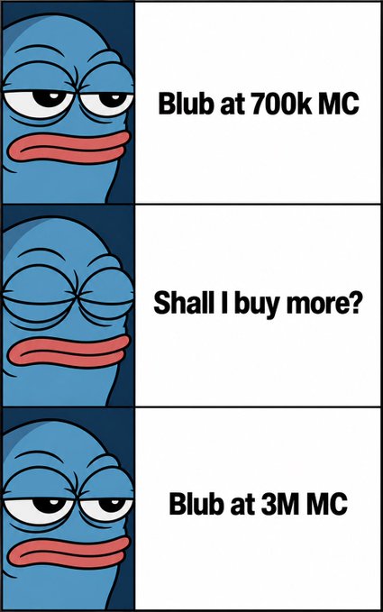 A three-panel meme featuring a sad-looking blue fish character with text reading 'Blub at 700k MC', 'Shall I buy more?', and 'Blub at 3M MC'.