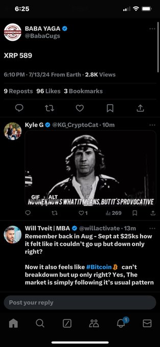 A screenshot of a Twitter (X) feed showing a post by BABA YAGA with the ticker "XRP" at 589, and replies below including a Kyle G post and a Will Tweit post discussing Bitcoin and market patterns.