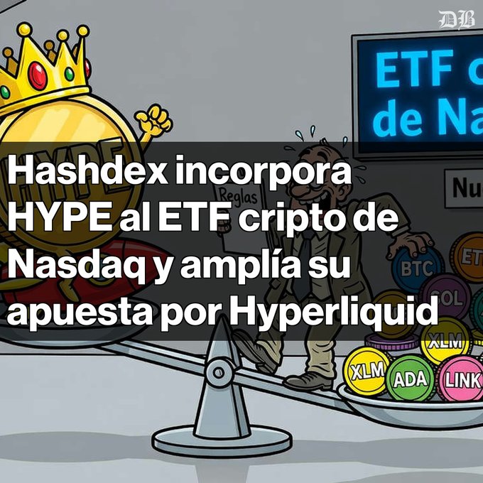 A crypto news graphic in Spanish with a cartoon of a crowned coin on a seesaw, reading 'Hashdex incorpora HYPE al ETF cripto de Nasdaq y amplía su apuesta por Hyperliquid', with a 'B' logo in the corner.
