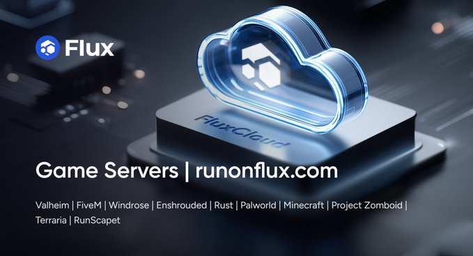 An advertisement for Flux game servers featuring a cloud icon and listing supported games: Valheim, FiveM, Windrose, Enshrouded, Rust, Palworld, Minecraft, Project Zomboid, Terraria, and RunScape.