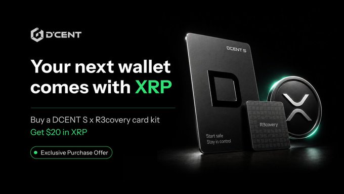 D'CENT advertises a wallet promotion with the headline "Your next wallet comes with XRP," offering $20 in XRP for purchasing a D'CENT S x R3covery card kit through an exclusive SOIL Quest purchase offer. The image showcases the sleek black D'CENT S hardware wallet alongside the R3covery Card and an XRP coin, reinforcing the secure self-custody message of "Start safe. Stay in control."