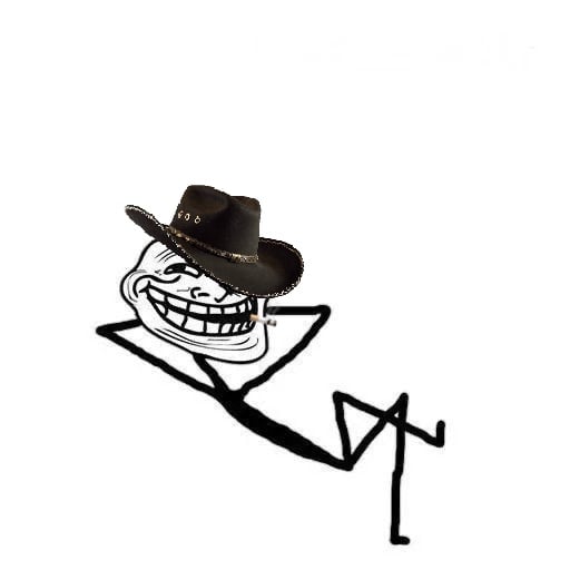 The image features a cartoon character wearing a cowboy hat, sitting down with his legs crossed. There are two lines of text that read "TROLL will remain ontop" above the character's head. The main focus of the image is the cowboy hat and the character's pose.