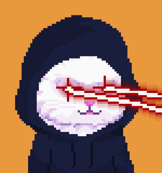 A pixel art illustration of a hooded grim reaper figure with red laser eyes shooting outward against an orange background.