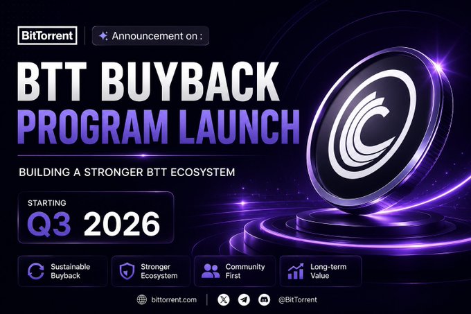 The image is a BitTorrent announcement promoting the "BTT Buyback Program Launch," set to begin in Q3 2026, with the tagline "Building a Stronger BTT Ecosystem." It features a glowing purple 3D coin on a stage and highlights four key benefits: Sustainable Buyback, Stronger Ecosystem, Community First, and Long-term Value. The visual reinforces the post's message about evolving BTT tokenomics by introducing a buyback mechanism as a new chapter for sustainable, long-term value creation beyond traditional inflationary rewards or fee-sharing models.